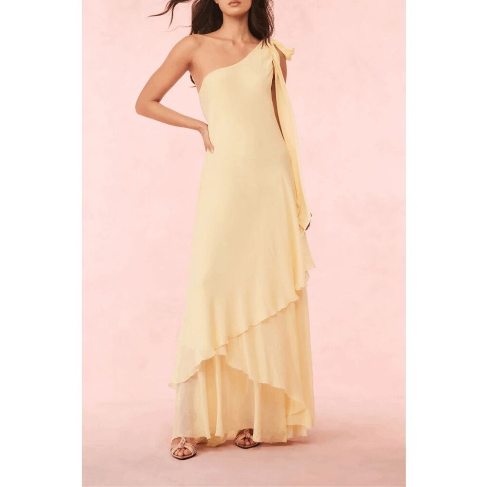 LoveShackFancy Alliara Asymmetric Draped Maxi Dress In Citron US 8 $695